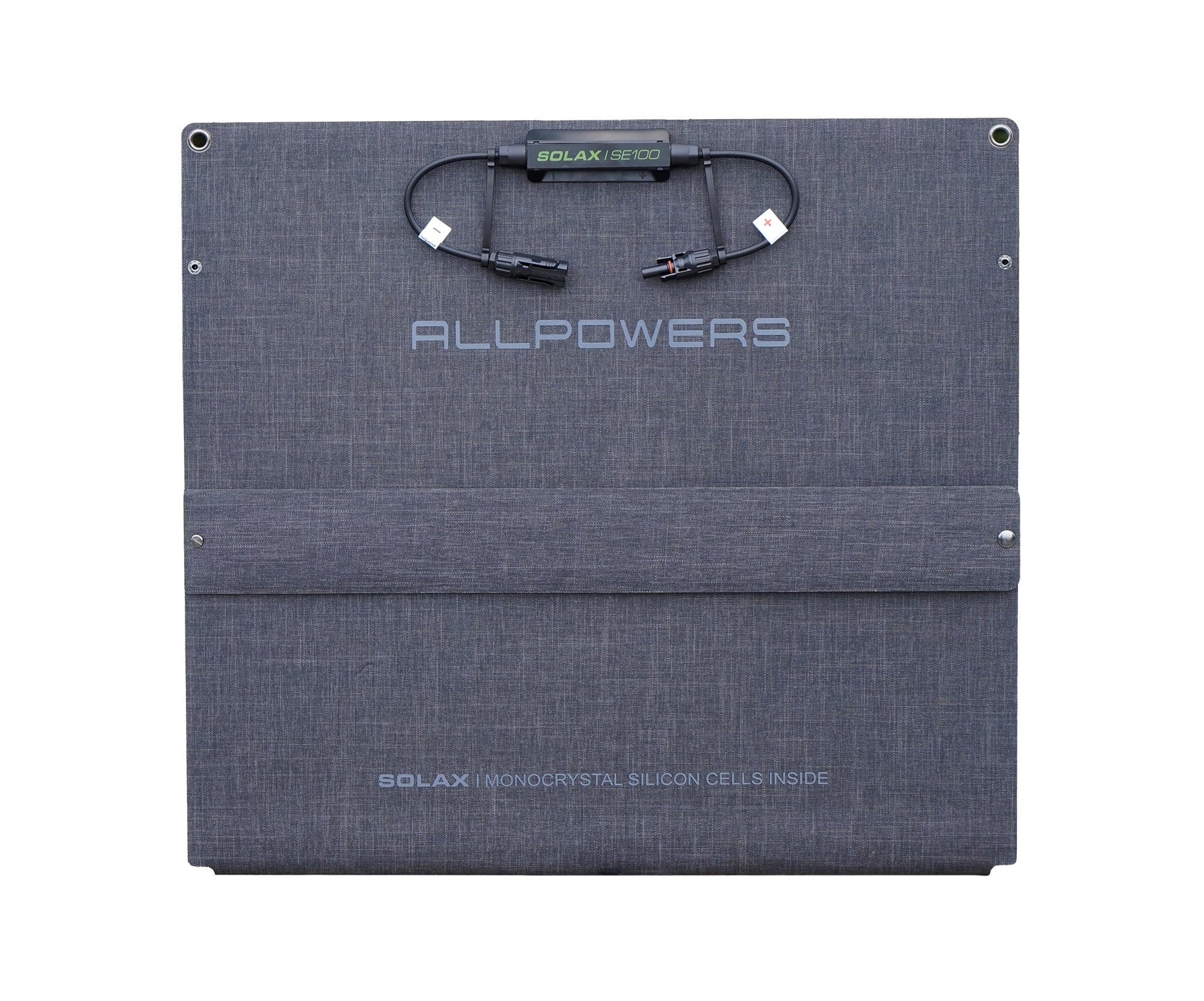 Folded ALLPOWERS SE100 solar panel with a comfortable carry handle, ultra-portable and lightweight for travel and emergency use.