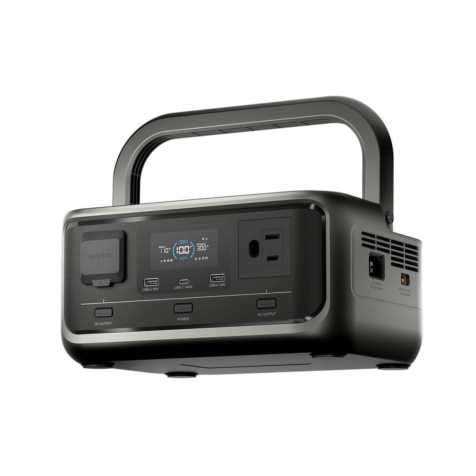 ALLPOWRS-VOLIX P300 Portable Power Station view1-Display front 45°, front panel functionality and portable carrying handle.