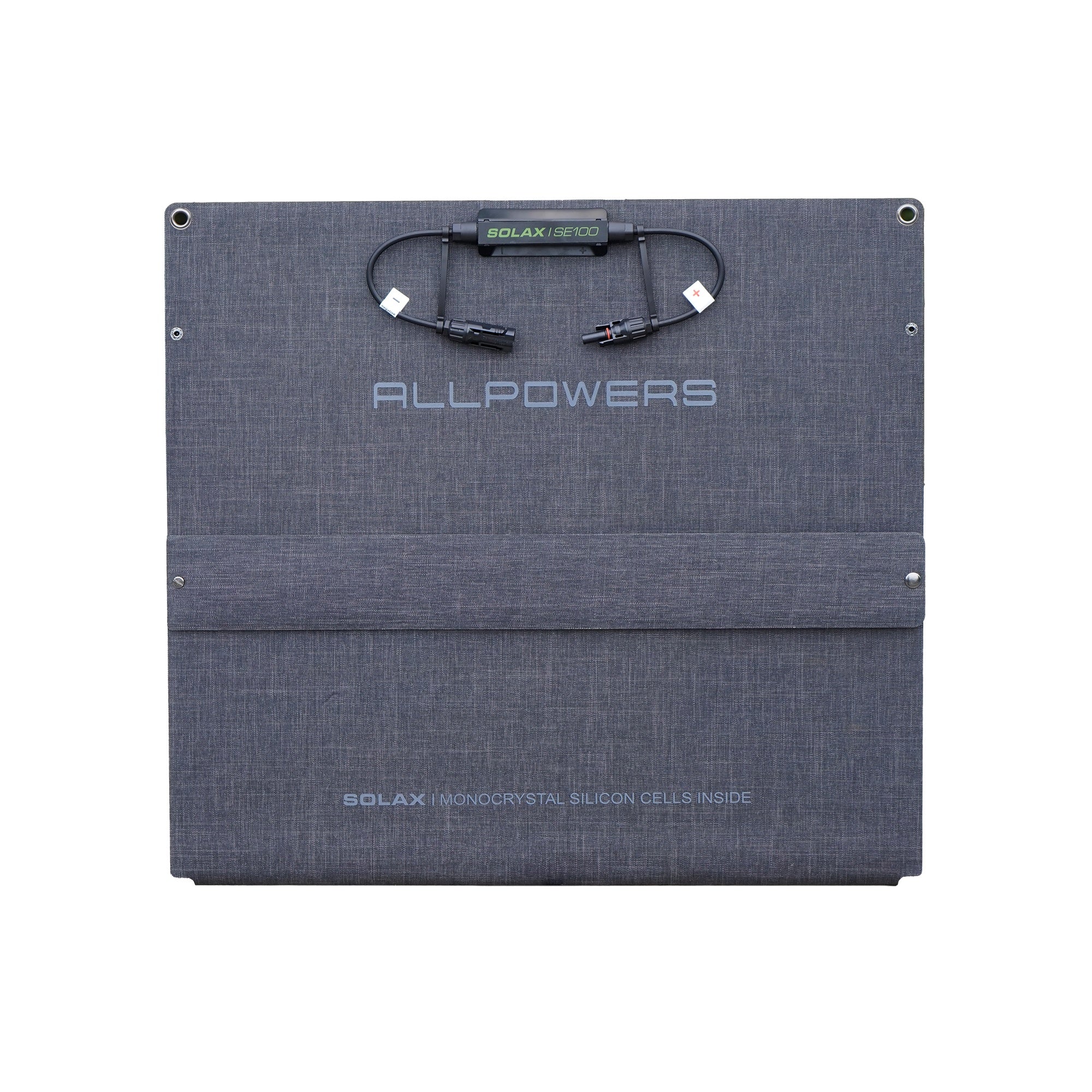 Folded ALLPOWERS SE100 solar panel with a comfortable carry handle, ultra-portable and lightweight for travel and emergency use.